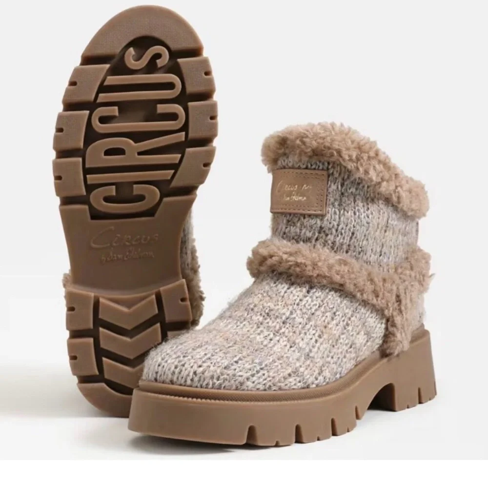 Sam Edelman Tan Knit Faux-Shearling Lug Ankle Boots